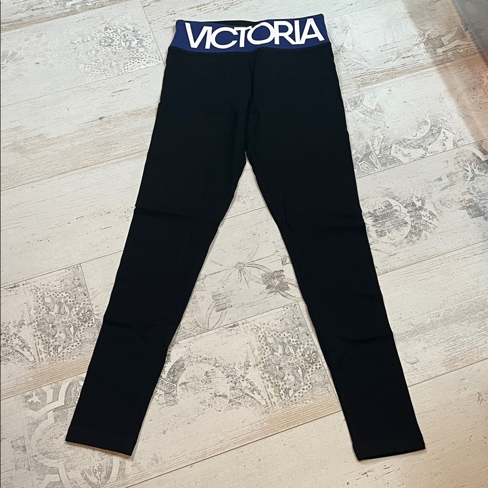 Victoria's Secret Sport Blue Logo Band Black Leggings Size Small